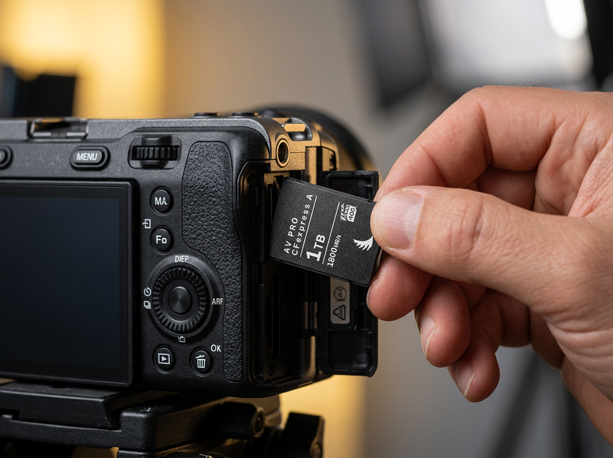 Hand inserting a CFexpress Type A card into a Sony FX3 camera